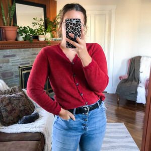 VINTAGE J. JILL Women's Small Red Soft Fleece Teddy Button Down Cardigan Sweater